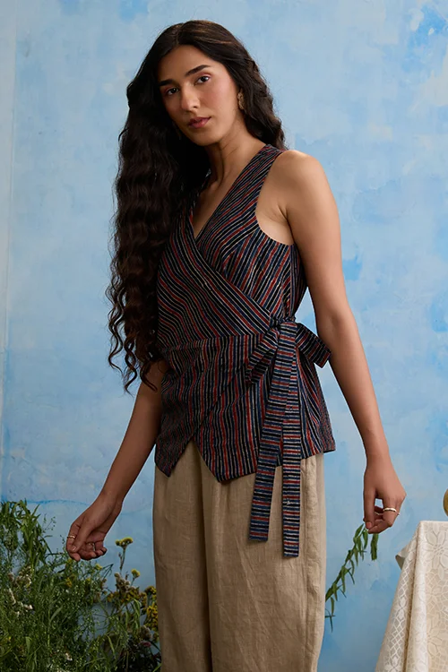 Okhai "Pinstripe" Cotton Ajrakh Sleeveless Wrap Top - Image 6