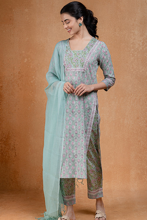 Okhai "Pistachio" Hand Embroidered and Mirrorwork Handblock Printed Pure Cotton Kurta Pant Set