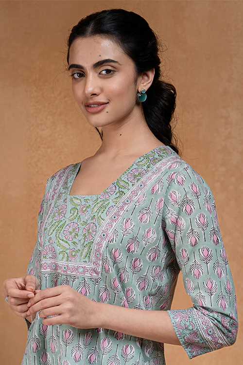 Okhai "Pistachio" Hand Embroidered and Mirrorwork Handblock Printed Pure Cotton Kurta Pant Set - Image 2