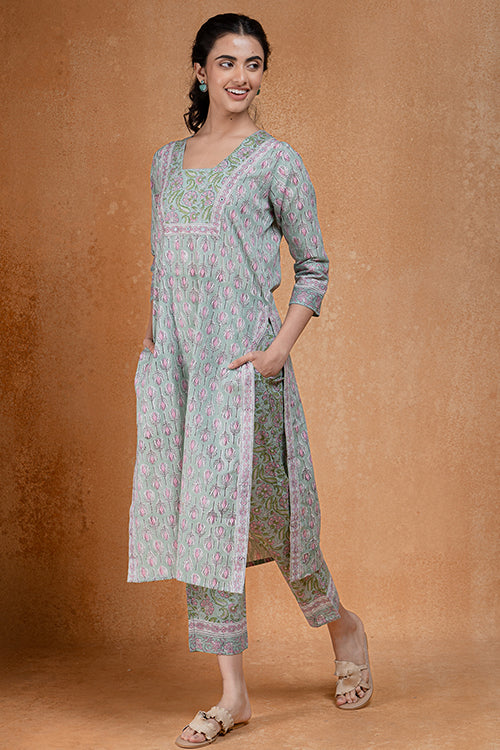 Okhai "Pistachio" Hand Embroidered and Mirrorwork Handblock Printed Pure Cotton Kurta Pant Set - Image 3