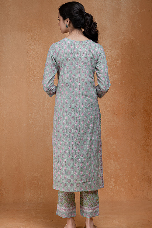 Okhai "Pistachio" Hand Embroidered and Mirrorwork Handblock Printed Pure Cotton Kurta Pant Set - Image 4