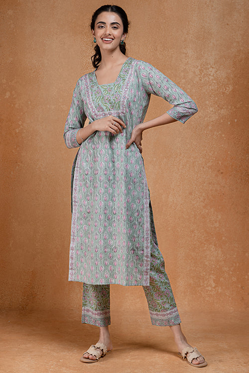 Okhai "Pistachio" Hand Embroidered and Mirrorwork Handblock Printed Pure Cotton Kurta Pant Set - Image 5