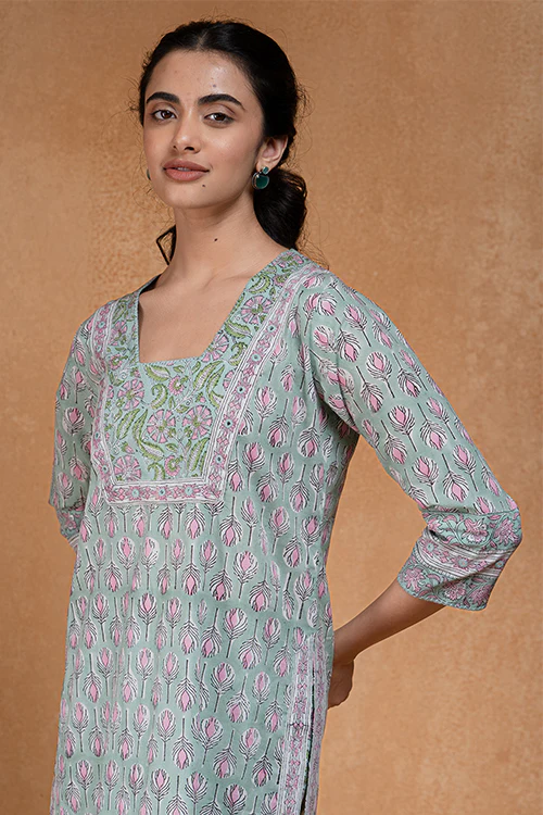 Okhai "Pistachio" Hand Embroidered and Mirrorwork Handblock Printed Pure Cotton Kurta Pant Set - Image 6