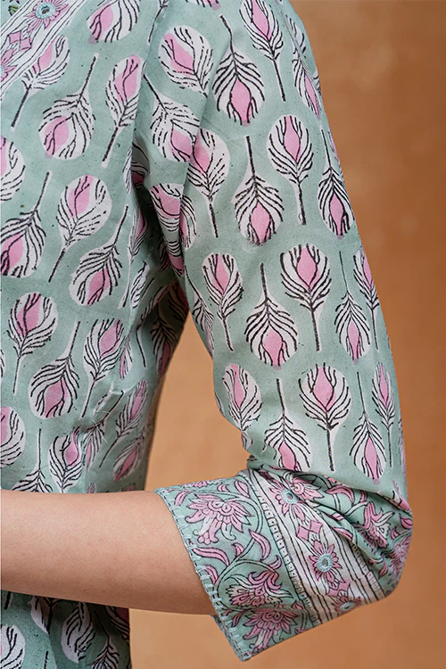 Okhai "Pistachio" Hand Embroidered and Mirrorwork Handblock Printed Pure Cotton Kurta Pant Set - Image 7