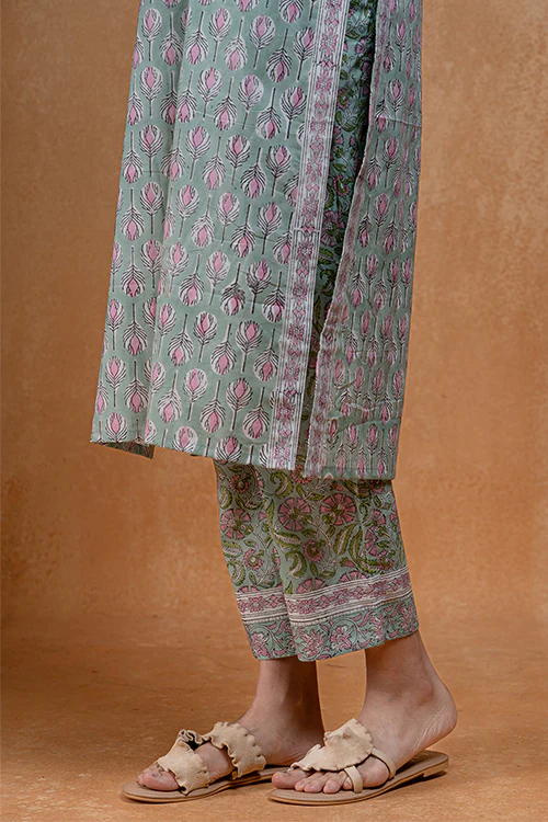 Okhai "Pistachio" Hand Embroidered and Mirrorwork Handblock Printed Pure Cotton Kurta Pant Set - Image 8