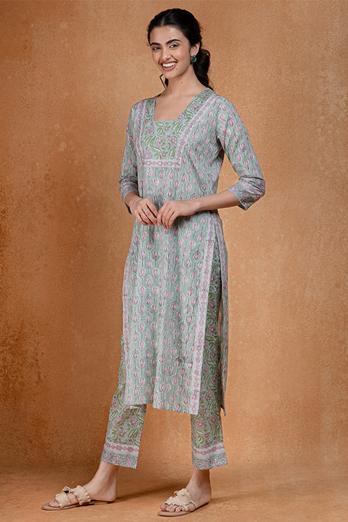 Okhai "Pistachio" Hand Embroidered and Mirrorwork Handblock Printed Pure Cotton Kurta Pant Set - Image 9