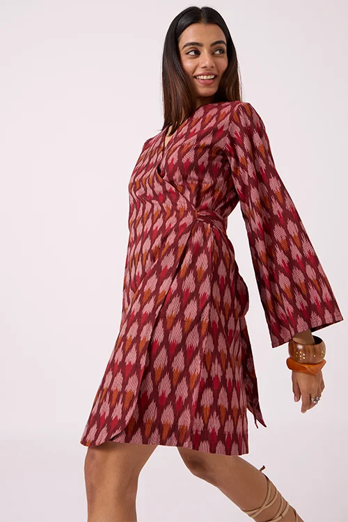 Okhai "Pomello" Pure Cotton Ikat Maroon Wrap Dress - Image 2