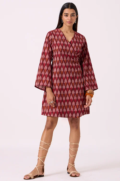 Okhai "Pomello" Pure Cotton Ikat Maroon Wrap Dress - Image 3
