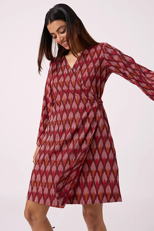 Okhai "Pomello" Pure Cotton Ikat Maroon Wrap Dress - Image 5