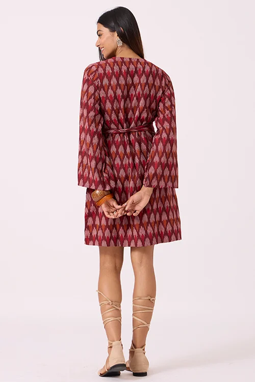 Okhai "Pomello" Pure Cotton Ikat Maroon Wrap Dress - Image 6