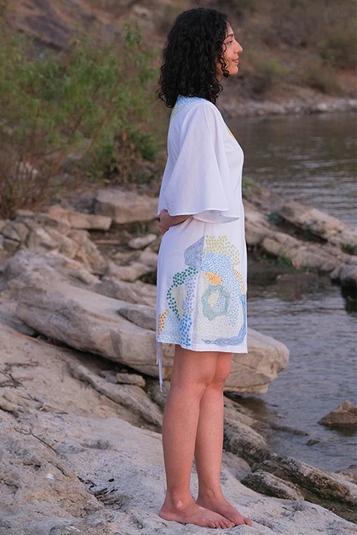 Okhai 'Pool' Pure Cotton Hand Embroidered Mirror Work Wrap Dress - Image 3