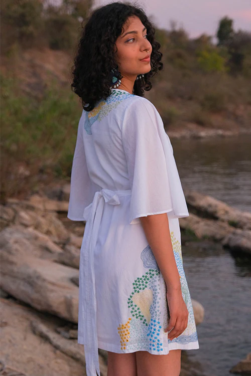 Okhai 'Pool' Pure Cotton Hand Embroidered Mirror Work Wrap Dress - Image 8