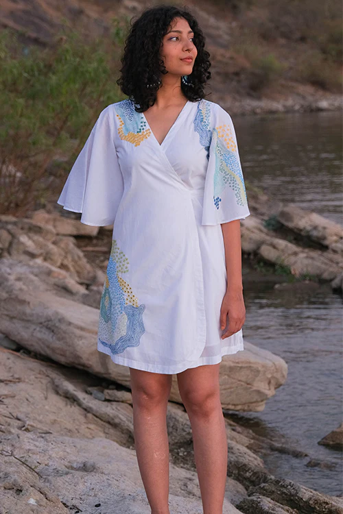 Okhai 'Pool' Pure Cotton Hand Embroidered Mirror Work Wrap Dress - Image 9