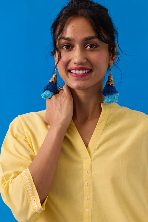 Okhai "Popsickle" Hand-Embroidery and Mirror Work Yellow Pure Cotton Kurta Salwar Set - Image 2