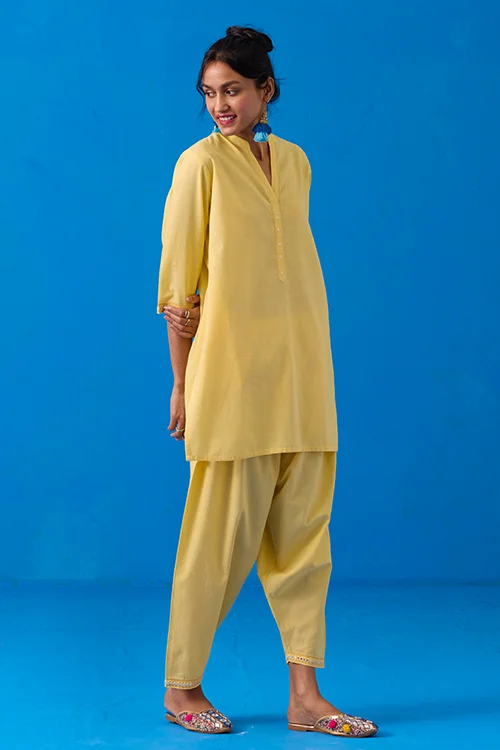 Okhai "Popsickle" Hand-Embroidery and Mirror Work Yellow Pure Cotton Kurta Salwar Set - Image 3