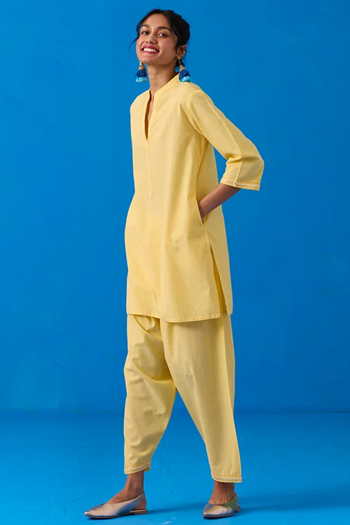 Okhai "Popsickle" Hand-Embroidery and Mirror Work Yellow Pure Cotton Kurta Salwar Set - Image 4
