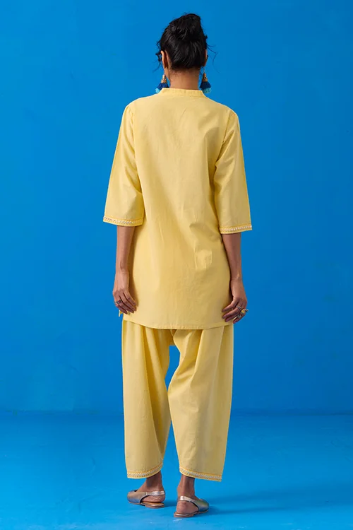 Okhai "Popsickle" Hand-Embroidery and Mirror Work Yellow Pure Cotton Kurta Salwar Set - Image 5