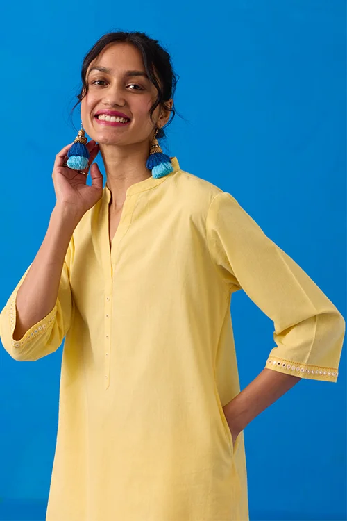 Okhai "Popsickle" Hand-Embroidery and Mirror Work Yellow Pure Cotton Kurta Salwar Set - Image 6