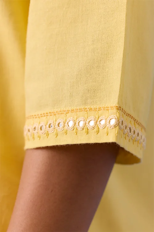 Okhai "Popsickle" Hand-Embroidery and Mirror Work Yellow Pure Cotton Kurta Salwar Set - Image 8