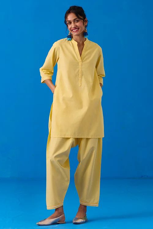 Okhai "Popsickle" Hand-Embroidery and Mirror Work Yellow Pure Cotton Kurta Salwar Set - Image 9