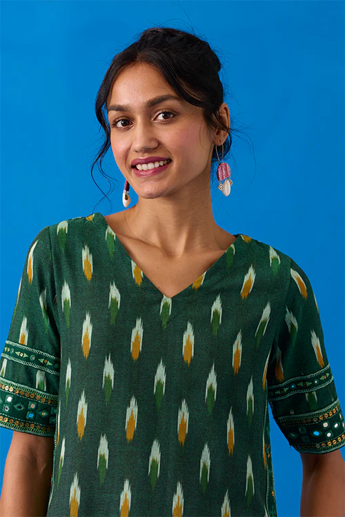 Okhai "Prairies" Hand-Embroidered Mirrorwork Pure Cotton Ikkat Kurta Pant Set with Dupatta - Image 3