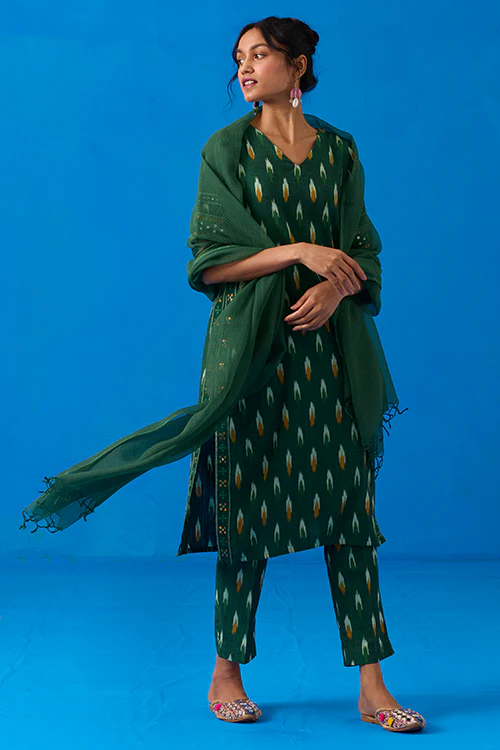 Okhai "Prairies" Hand-Embroidered Mirrorwork Pure Cotton Ikkat Kurta Pant Set with Dupatta - Image 4