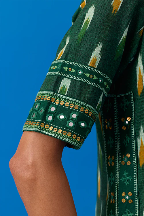 Okhai "Prairies" Hand-Embroidered Mirrorwork Pure Cotton Ikkat Kurta Pant Set with Dupatta - Image 6