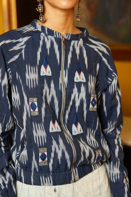 Okhai 'Rain Dance' Hand Embroidered Mirror Work Pure Cotton Ikat Jacket - Image 2