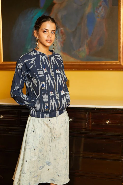 Okhai 'Rain Dance' Hand Embroidered Mirror Work Pure Cotton Ikat Jacket - Image 4
