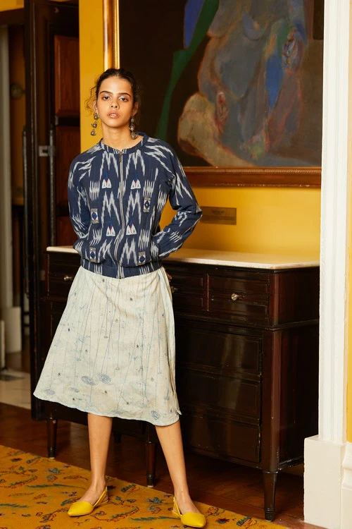Okhai 'Rain Dance' Hand Embroidered Mirror Work Pure Cotton Ikat Jacket - Image 6