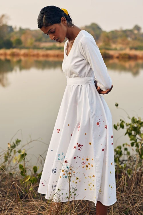 Okhai 'Raindrop' Hand Embroidered Mirror Work Pure Cotton Dress - Image 3