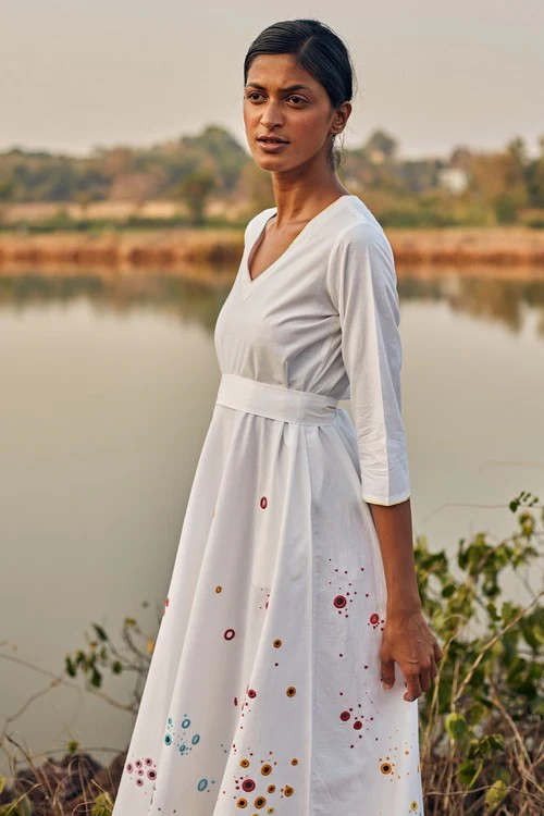 Okhai 'Raindrop' Hand Embroidered Mirror Work Pure Cotton Dress - Image 4