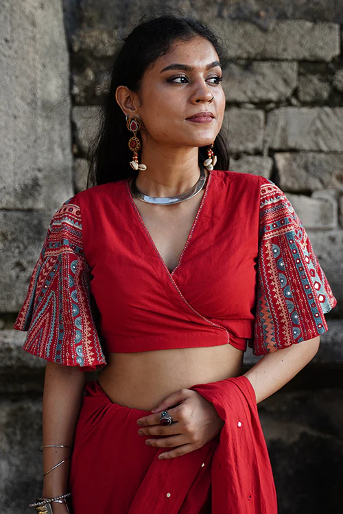 Okhai "Rangeelo" Hand-Embroidered Mirrorwork Pure Cotton Wrap Blouse - Image 2