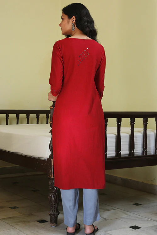 Okhai 'Red Forest' Pure Cotton Hand Embroidered Mirror Work Kurta - Image 3