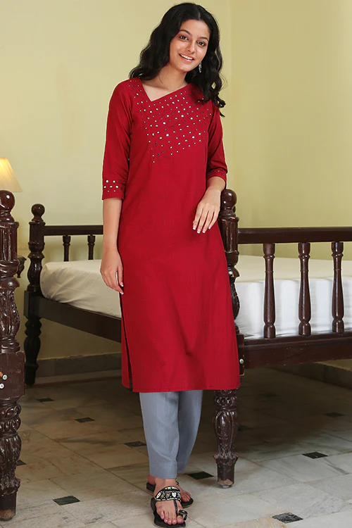 Okhai 'Red Forest' Pure Cotton Hand Embroidered Mirror Work Kurta - Image 4