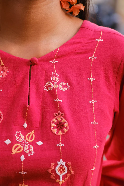 Okhai "Red Velvet" Suf Embroidered Hand-woven Cotton Dress - Image 3