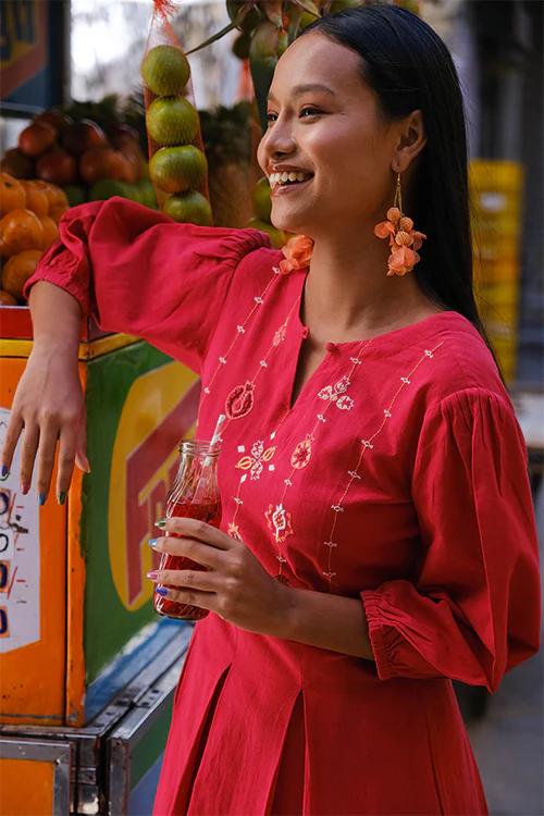 Okhai "Red Velvet" Suf Embroidered Hand-woven Cotton Dress - Image 4