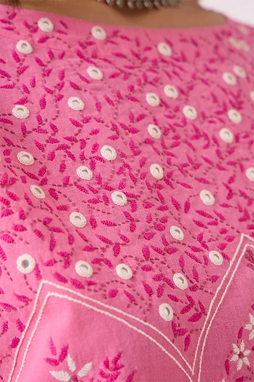 Okhai "Roseate" Hand-Embroidered and Mirrorwork Pink Pure Cotton Kurta Salwar Set - Image 3