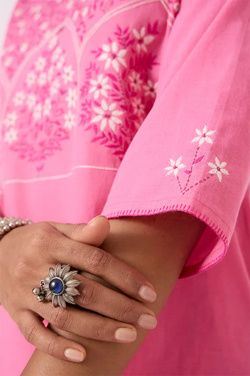 Okhai "Roseate" Hand-Embroidered and Mirrorwork Pink Pure Cotton Kurta Salwar Set - Image 4