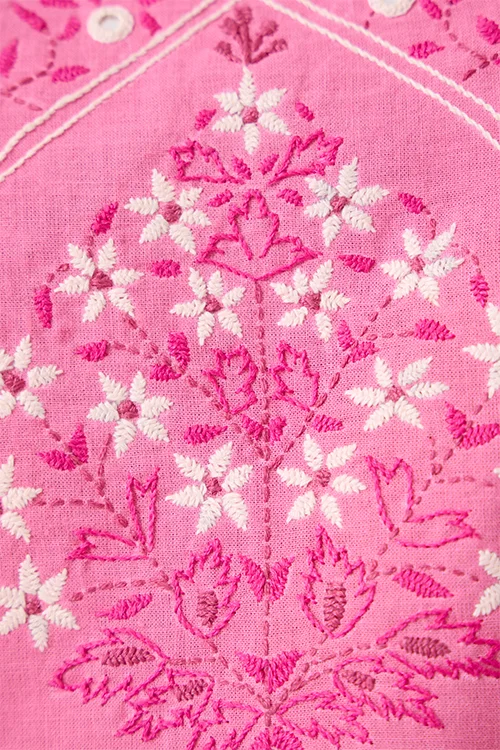 Okhai "Roseate" Hand-Embroidered and Mirrorwork Pink Pure Cotton Kurta Salwar Set - Image 5
