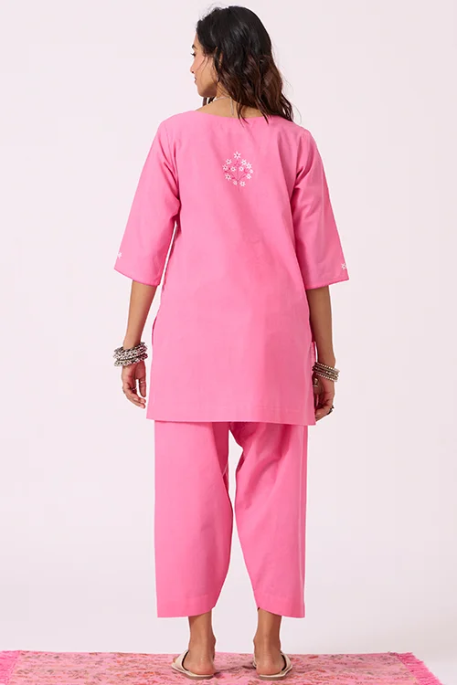 Okhai "Roseate" Hand-Embroidered and Mirrorwork Pink Pure Cotton Kurta Salwar Set - Image 6