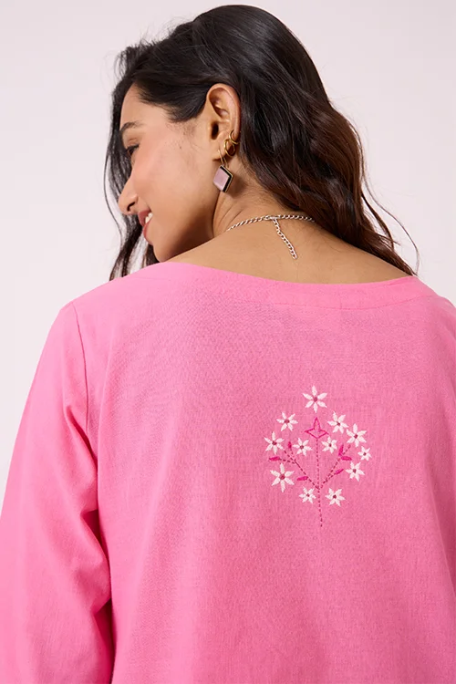 Okhai "Roseate" Hand-Embroidered and Mirrorwork Pink Pure Cotton Kurta Salwar Set - Image 7
