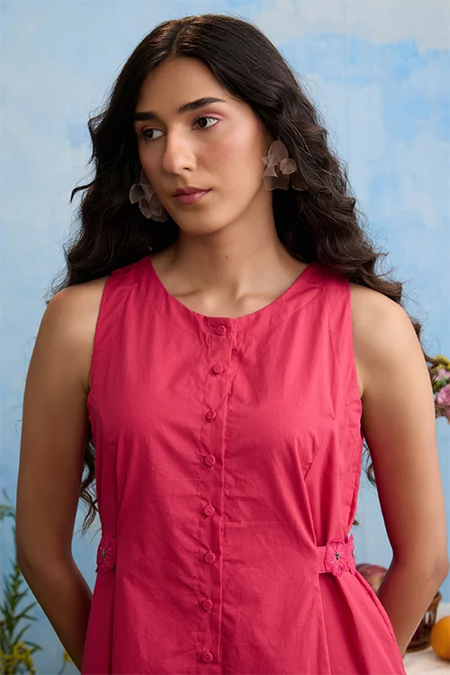 Okhai "Rosebud" Hand Embroidered Sleeveless Pink Cotton Dress - Image 4
