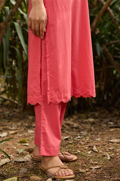 Okhai "Rosewood" Hand-Embroidered and Beadwork Pure Cotton Pink Kurta Pant Set - Image 5
