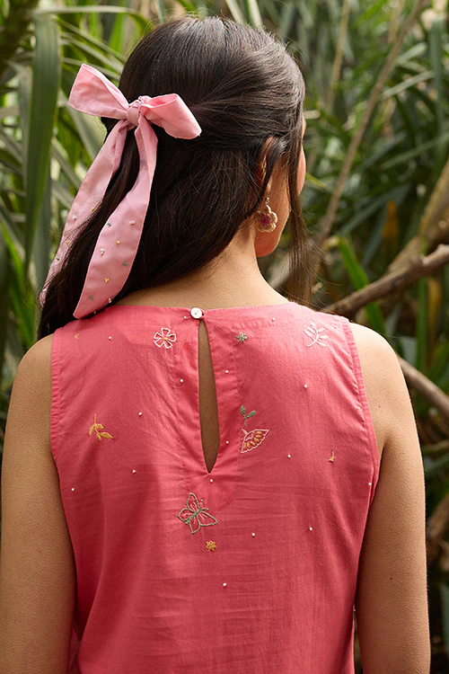 Okhai "Rosewood" Hand-Embroidered and Beadwork Pure Cotton Pink Kurta Pant Set - Image 6