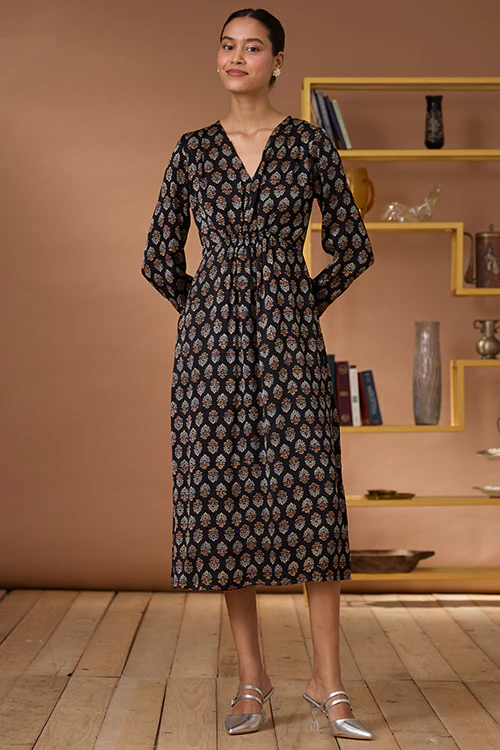 Okhai "Royal Topaz" Handblock Printed Modal Ajrakh V-neckline Dress - Image 11