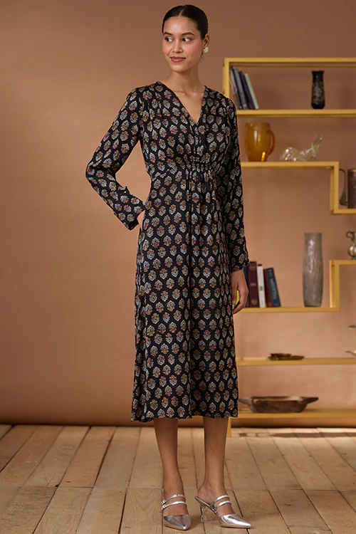 Okhai "Royal Topaz" Handblock Printed Modal Ajrakh V-neckline Dress - Image 4