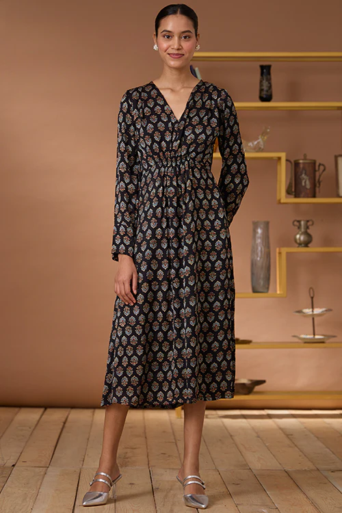 Okhai "Royal Topaz" Handblock Printed Modal Ajrakh V-neckline Dress - Image 6