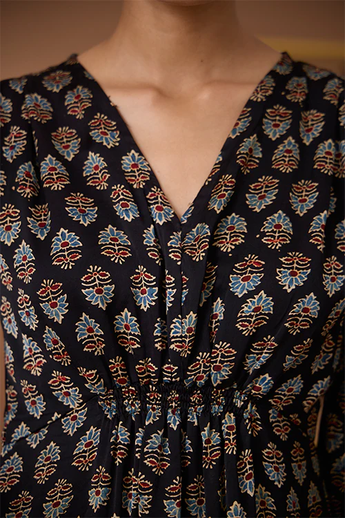 Okhai "Royal Topaz" Handblock Printed Modal Ajrakh V-neckline Dress - Image 7