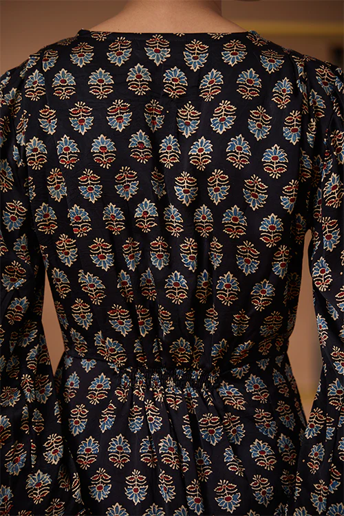 Okhai "Royal Topaz" Handblock Printed Modal Ajrakh V-neckline Dress - Image 9